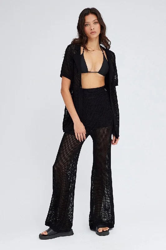 Black Knit Pants Wide Leg Crochet