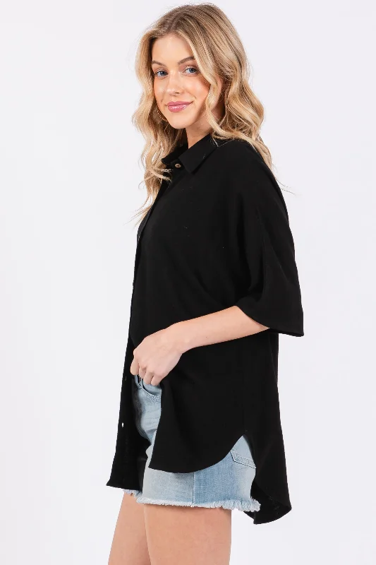 Black Linen Dolman Half Sleeve Button Down Top