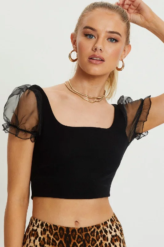 Black Organza Puff Sleeve Crop Top