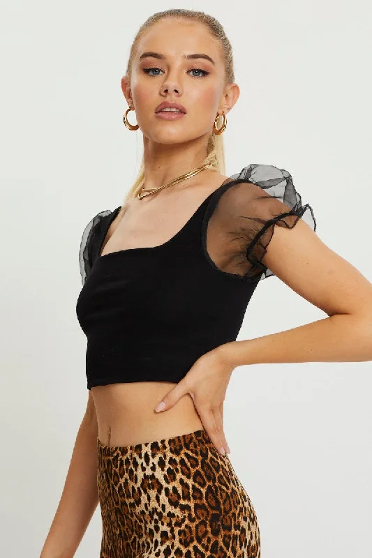 Black Organza Puff Sleeve Crop Top