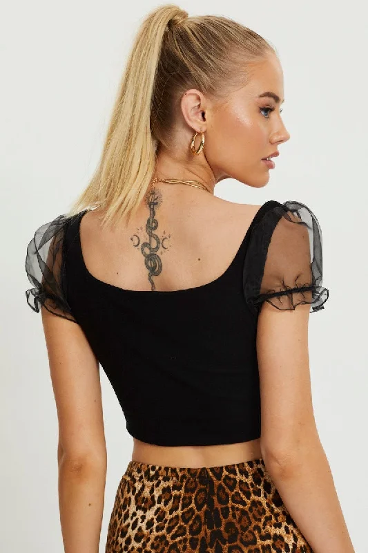 Black Organza Puff Sleeve Crop Top