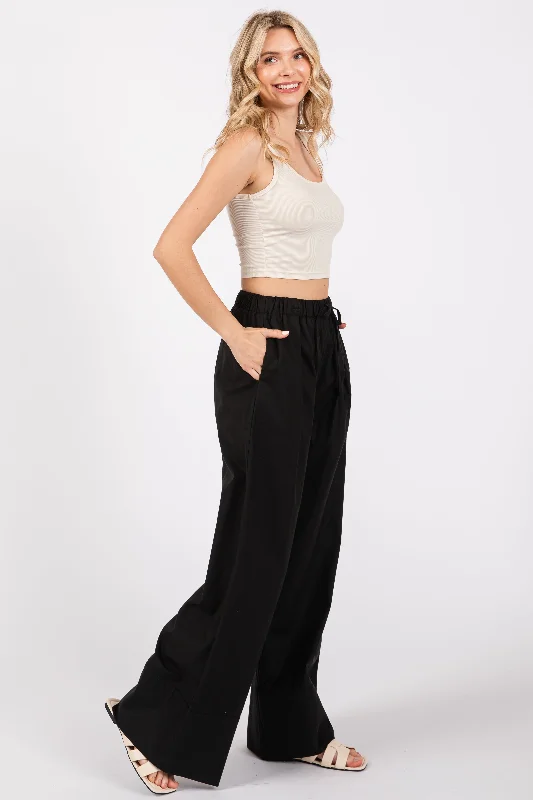 Black Pleated Drawstring Waist Pants