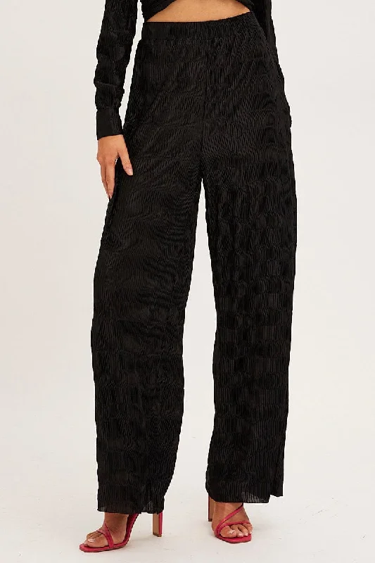 Black Plisse Pants Wide Leg