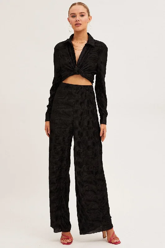 Black Plisse Pants Wide Leg