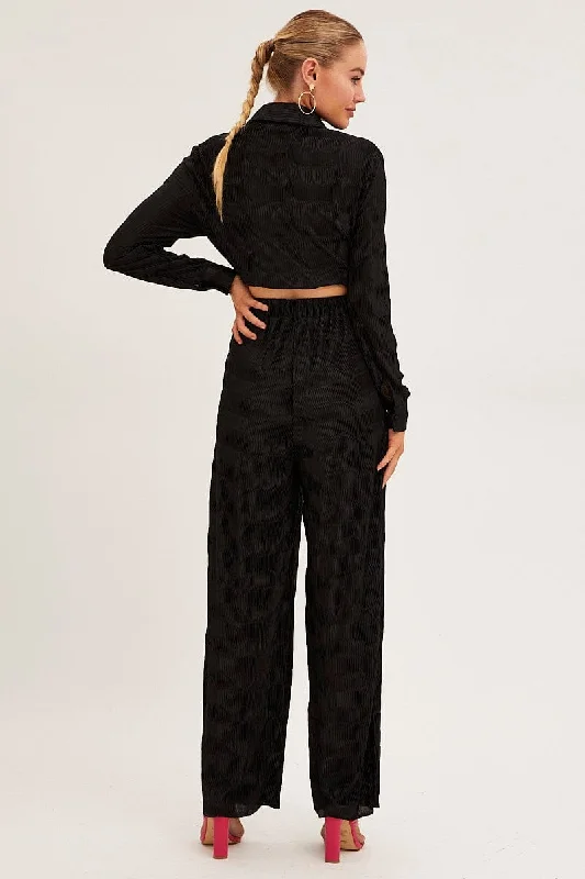 Black Plisse Pants Wide Leg