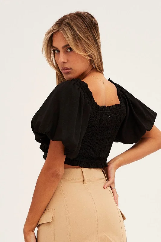 Black Shirred Top Volume Short Sleeve Crop Linen Blend