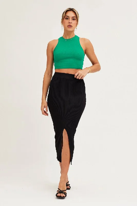 Black Slit Kint Midi Skirt