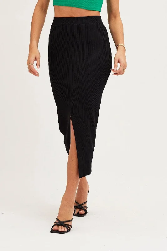 Black Slit Kint Midi Skirt