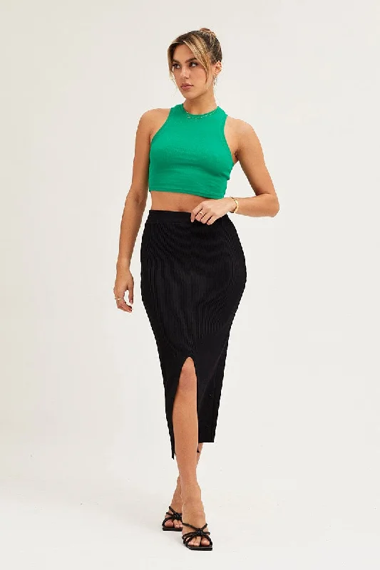 Black Slit Kint Midi Skirt