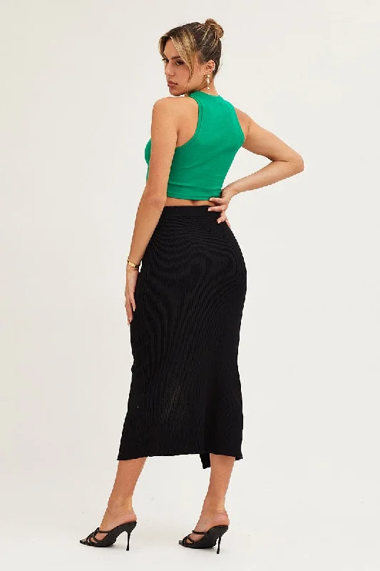 Black Slit Kint Midi Skirt