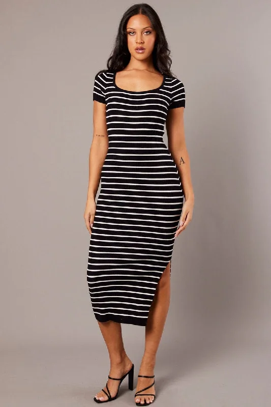 Black Stripe Knit Dress Short Sleeve Bodycon Midi