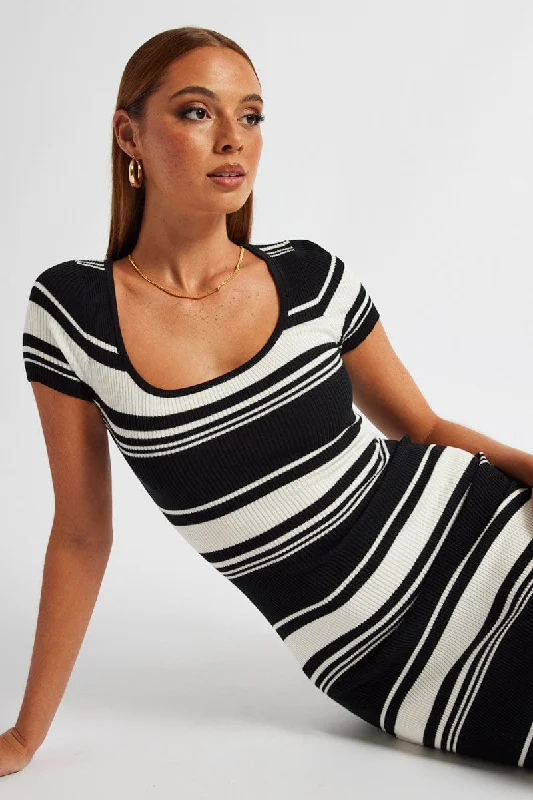 Black Stripe Knit Dress Short Sleeve Bodycon Midi