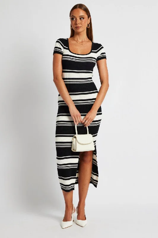 Black Stripe Knit Dress Short Sleeve Bodycon Midi