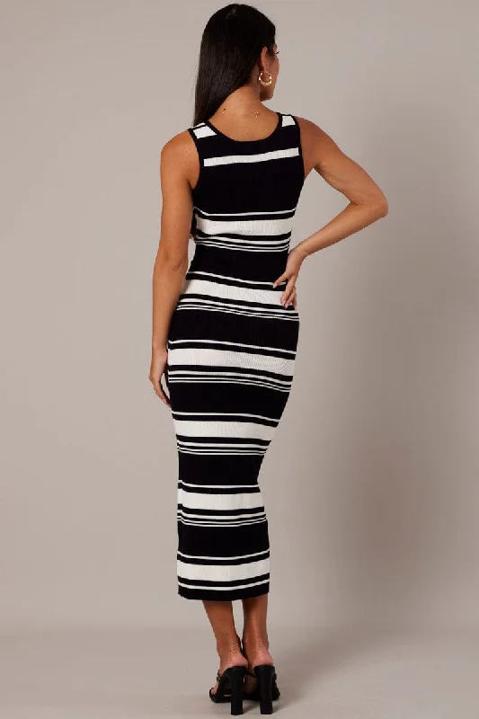 Black Stripe Knit Dress Sleeveless Midi