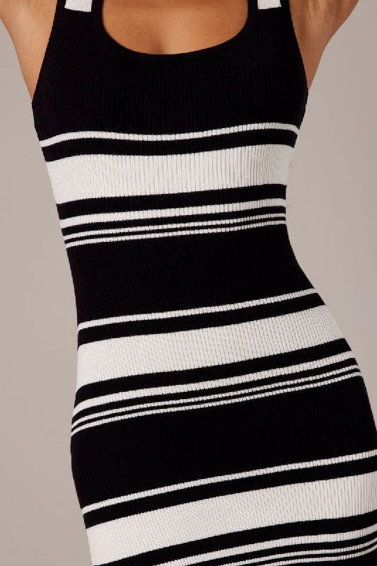 Black Stripe Knit Dress Sleeveless Midi