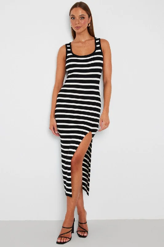 Black Stripe Knit Dress Sleeveless Side Split