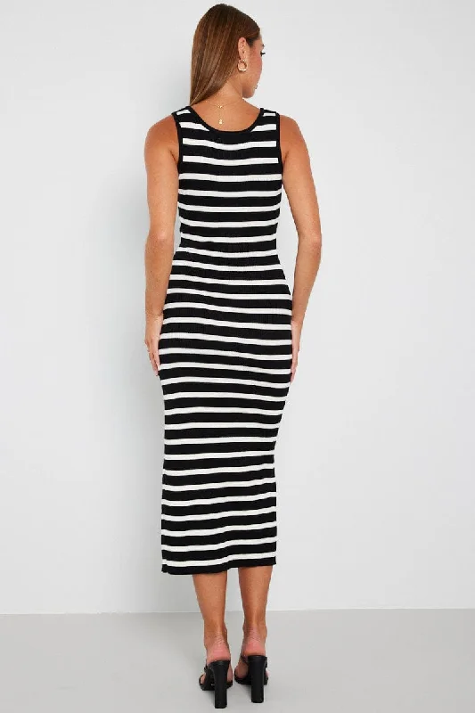 Black Stripe Knit Dress Sleeveless Side Split