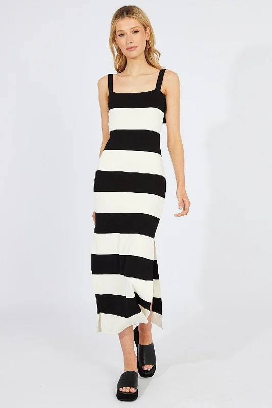 Black Stripe Knit Dress Sleeveless Tie Shoulder