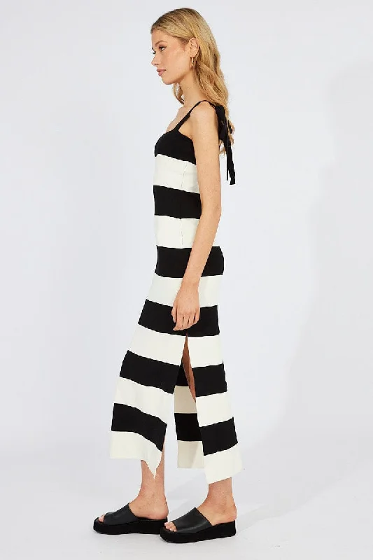 Black Stripe Knit Dress Sleeveless Tie Shoulder