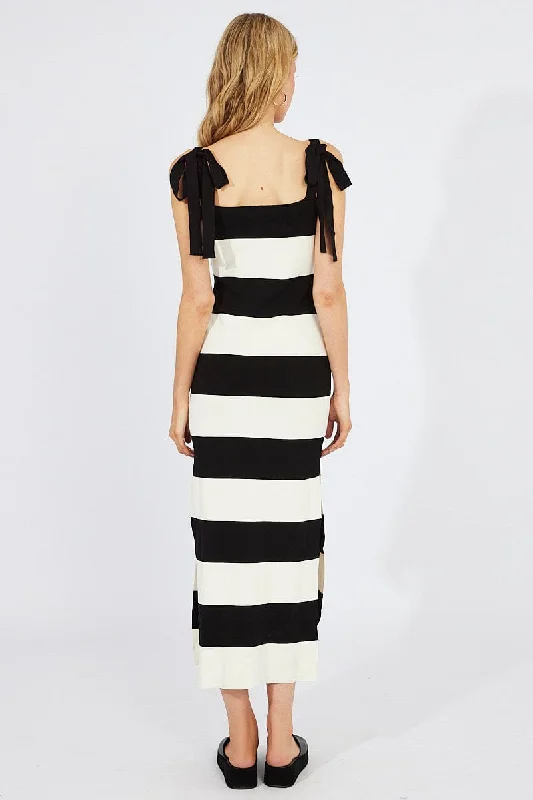 Black Stripe Knit Dress Sleeveless Tie Shoulder