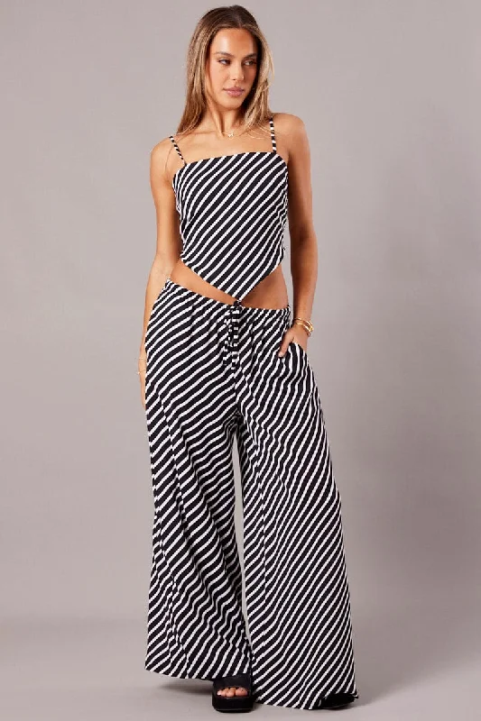 Black Stripe Wide Leg Pants High Rise