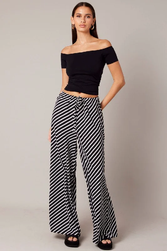 Black Stripe Wide Leg Pants High Rise