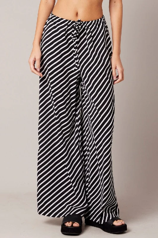 Black Stripe Wide Leg Pants High Rise