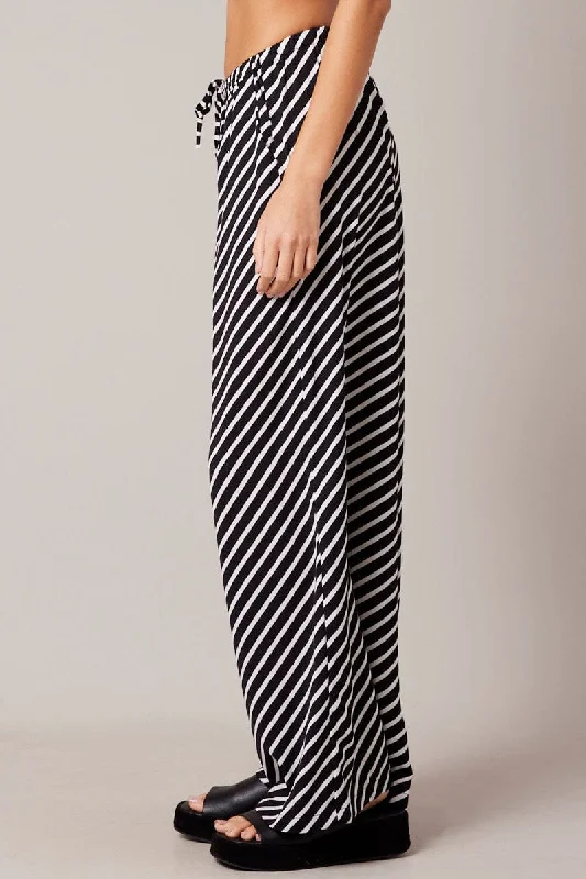 Black Stripe Wide Leg Pants High Rise