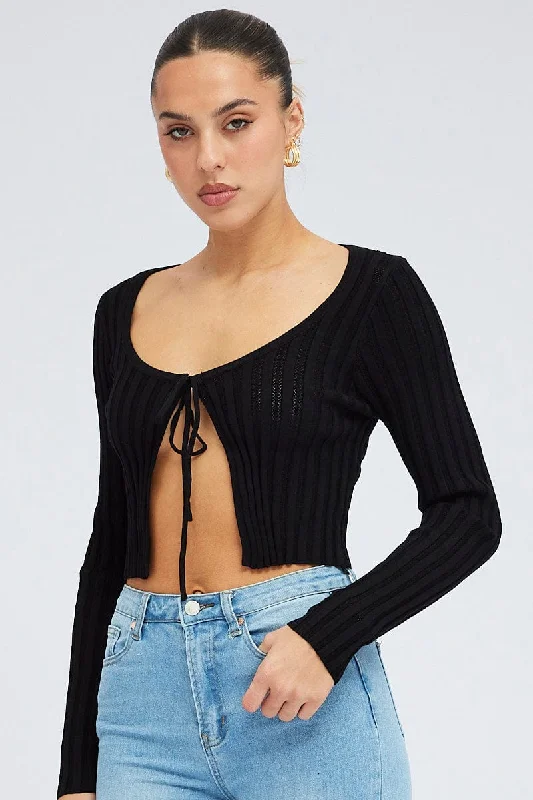 Black Tie Up Cardigan Long Sleeve Scoop Neck