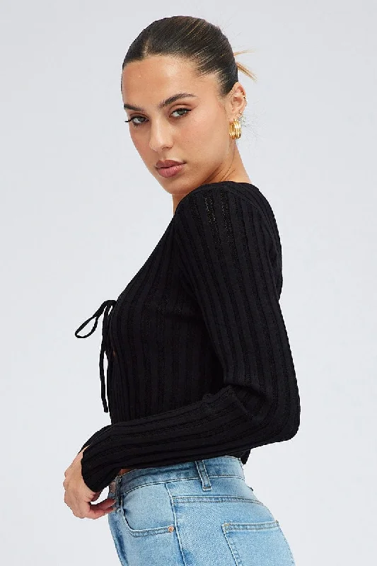 Black Tie Up Cardigan Long Sleeve Scoop Neck