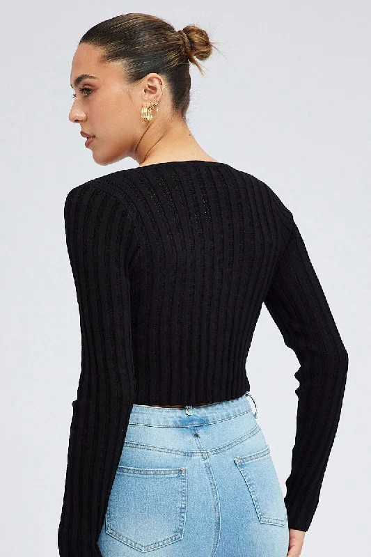 Black Tie Up Cardigan Long Sleeve Scoop Neck