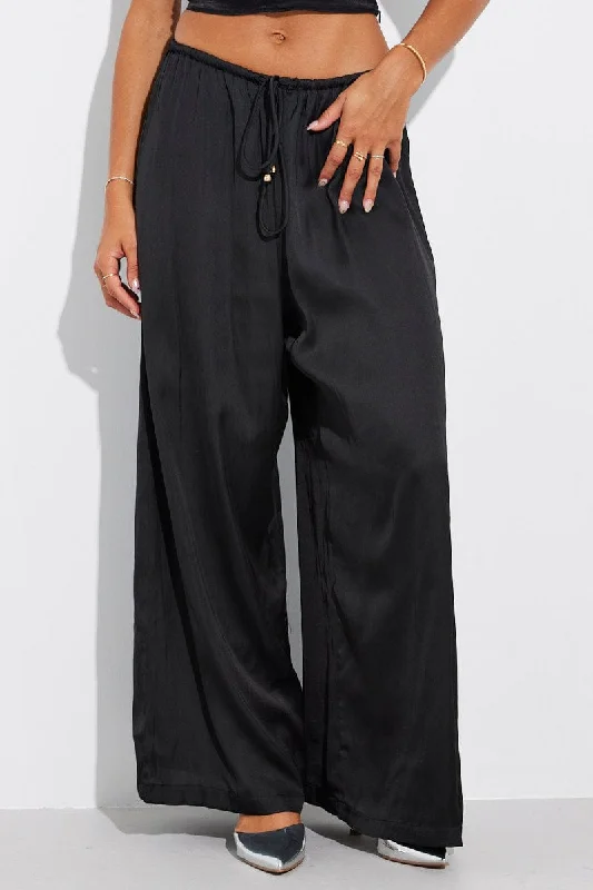 Black Wide Leg Pants High Rise Satin