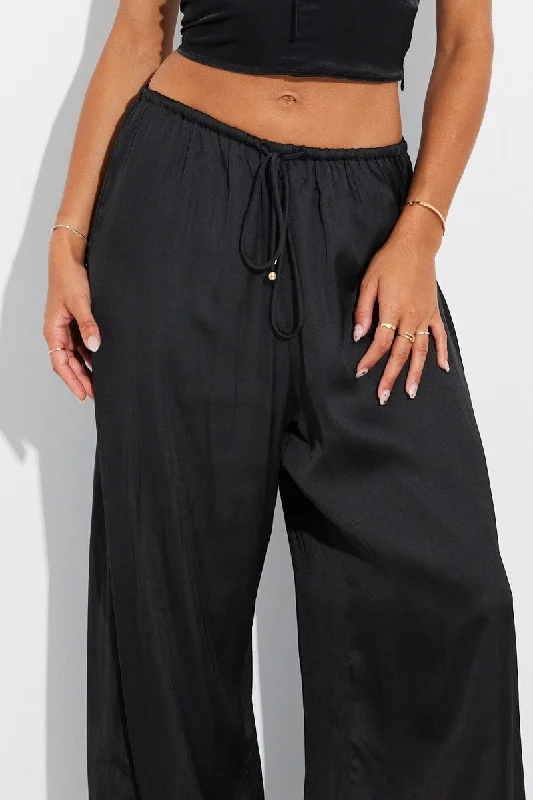 Black Wide Leg Pants High Rise Satin