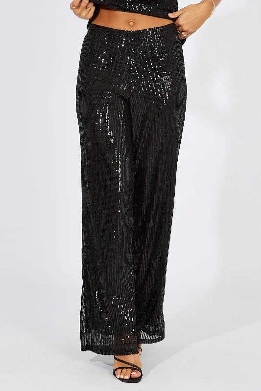 Black Wide Leg Pants High Rise Sequin