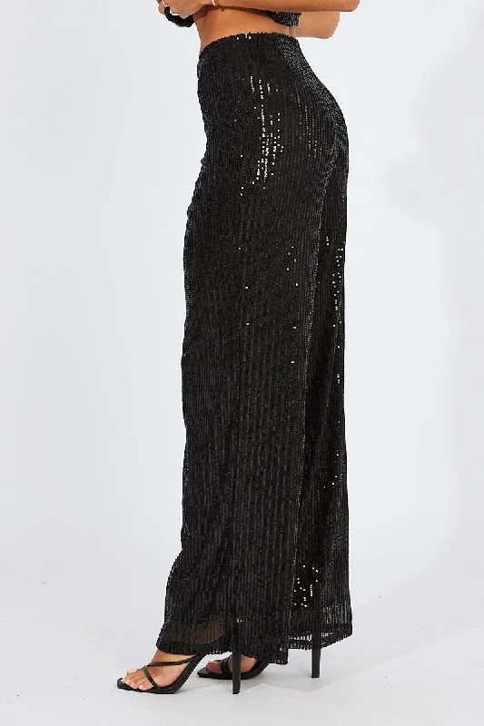 Black Wide Leg Pants High Rise Sequin