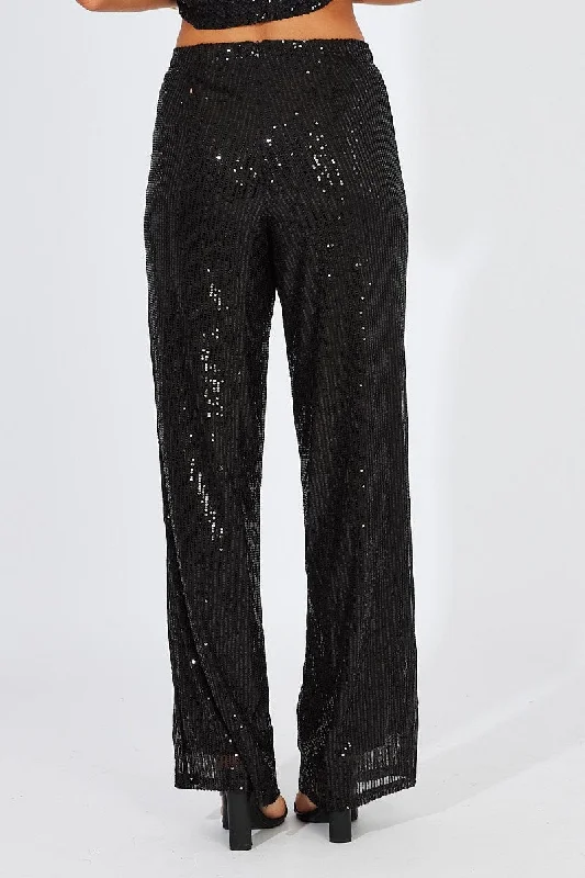 Black Wide Leg Pants High Rise Sequin