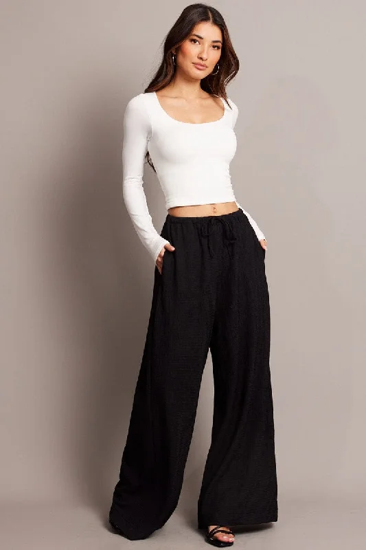 Black Wide Leg Pants High Rise Textured Fabric