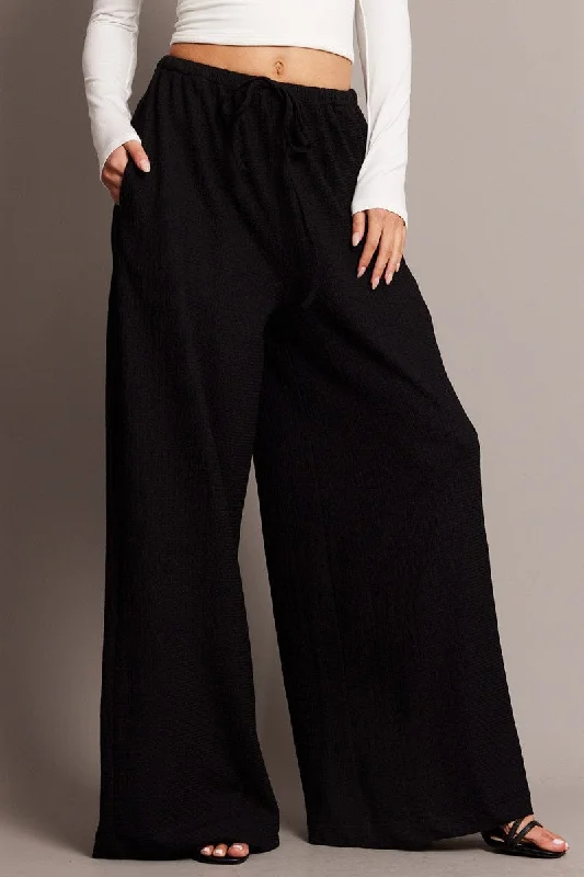 Black Wide Leg Pants High Rise Textured Fabric