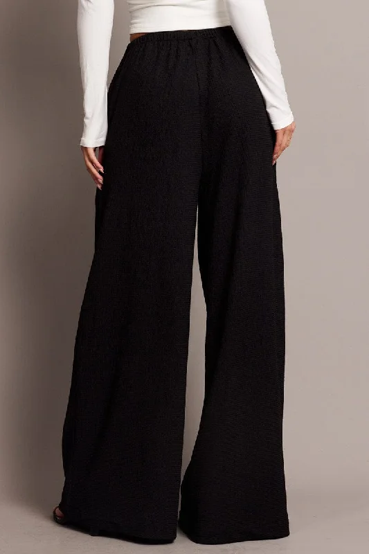 Black Wide Leg Pants High Rise Textured Fabric