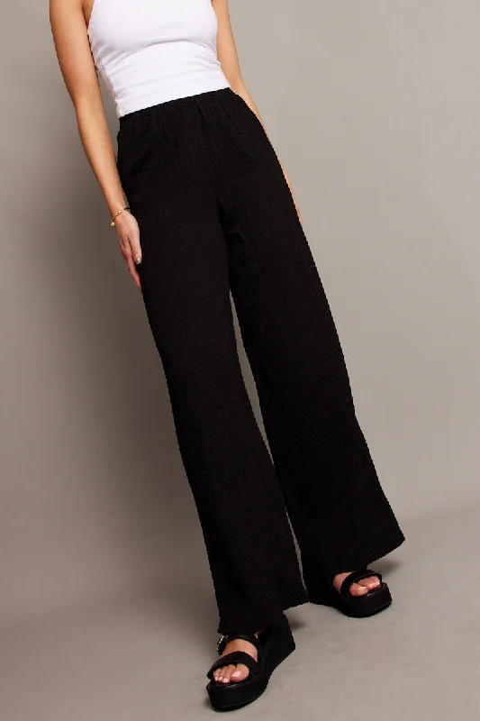 Black Wide Leg Pants High Rise Textured Fabric