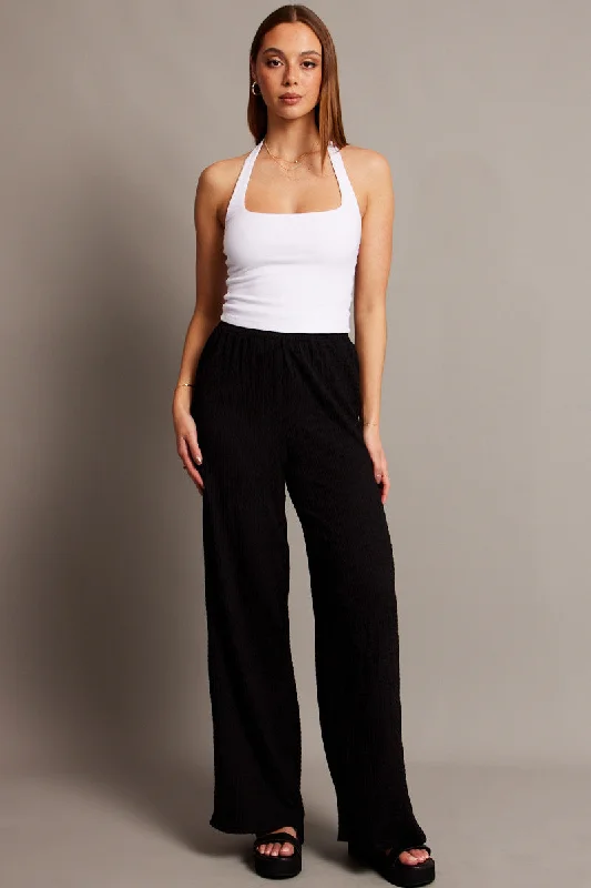 Black Wide Leg Pants High Rise Textured Fabric