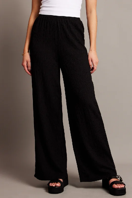 Black Wide Leg Pants High Rise Textured Fabric