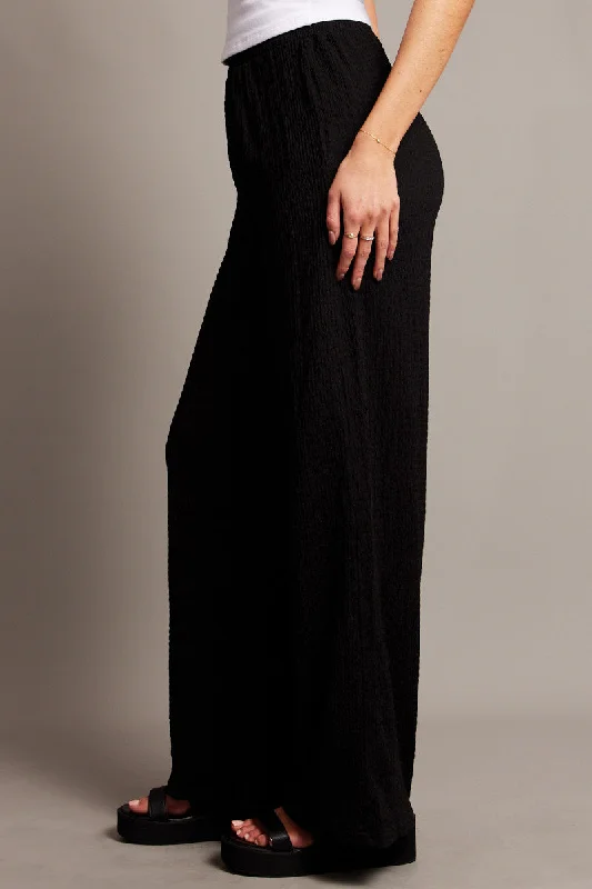 Black Wide Leg Pants High Rise Textured Fabric