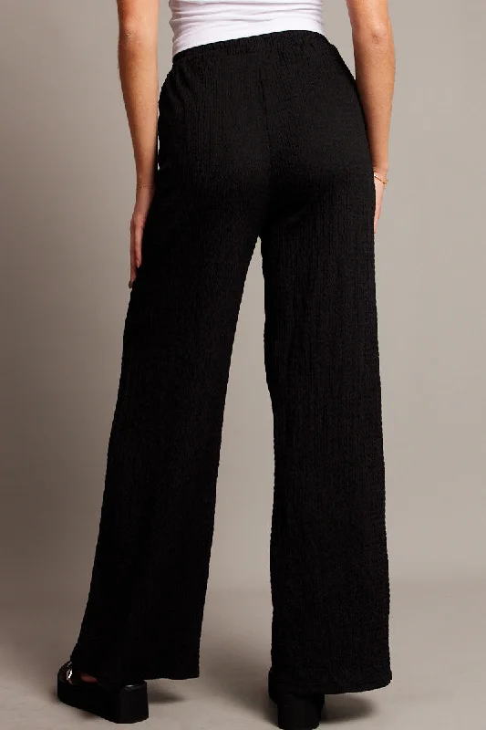 Black Wide Leg Pants High Rise Textured Fabric