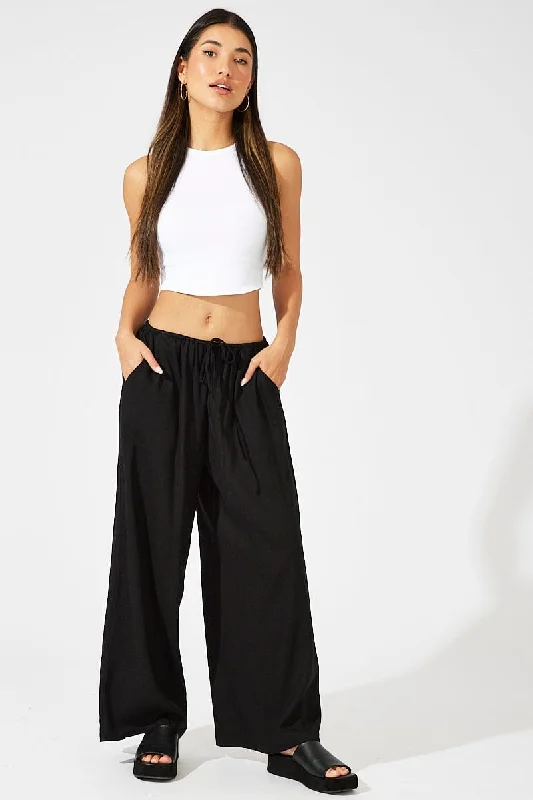 Black Wide Leg Pants Low Rise Linen Blend