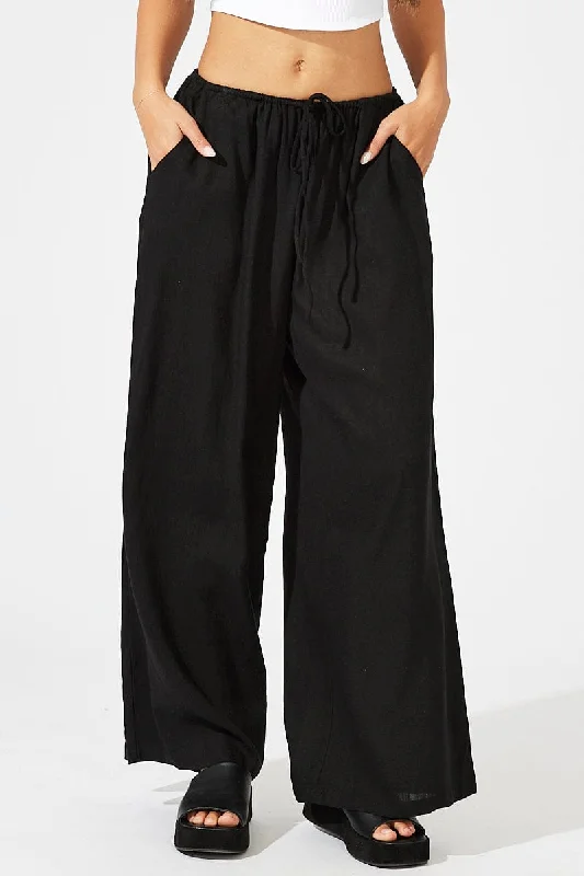 Black Wide Leg Pants Low Rise Linen Blend