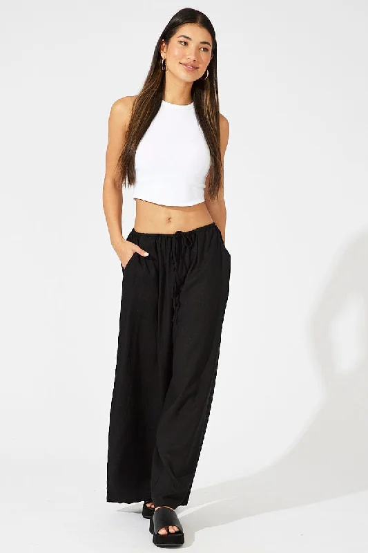 Black Wide Leg Pants Low Rise Linen Blend