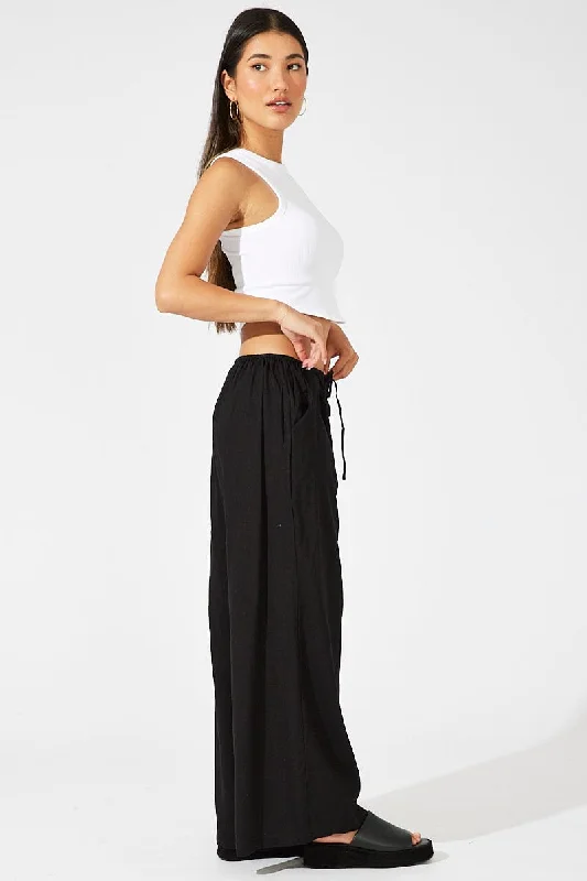 Black Wide Leg Pants Low Rise Linen Blend