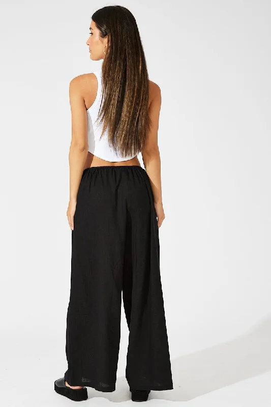 Black Wide Leg Pants Low Rise Linen Blend