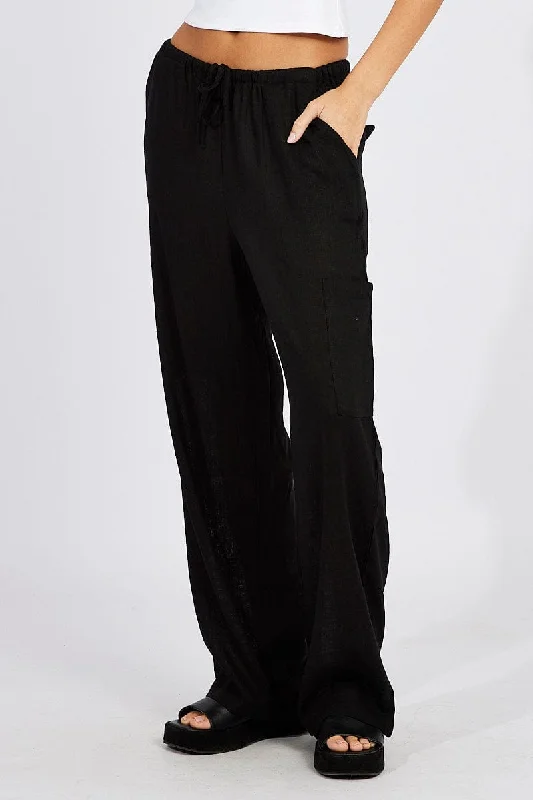 Black Wide Leg Pants Mid Rise Linen Blend